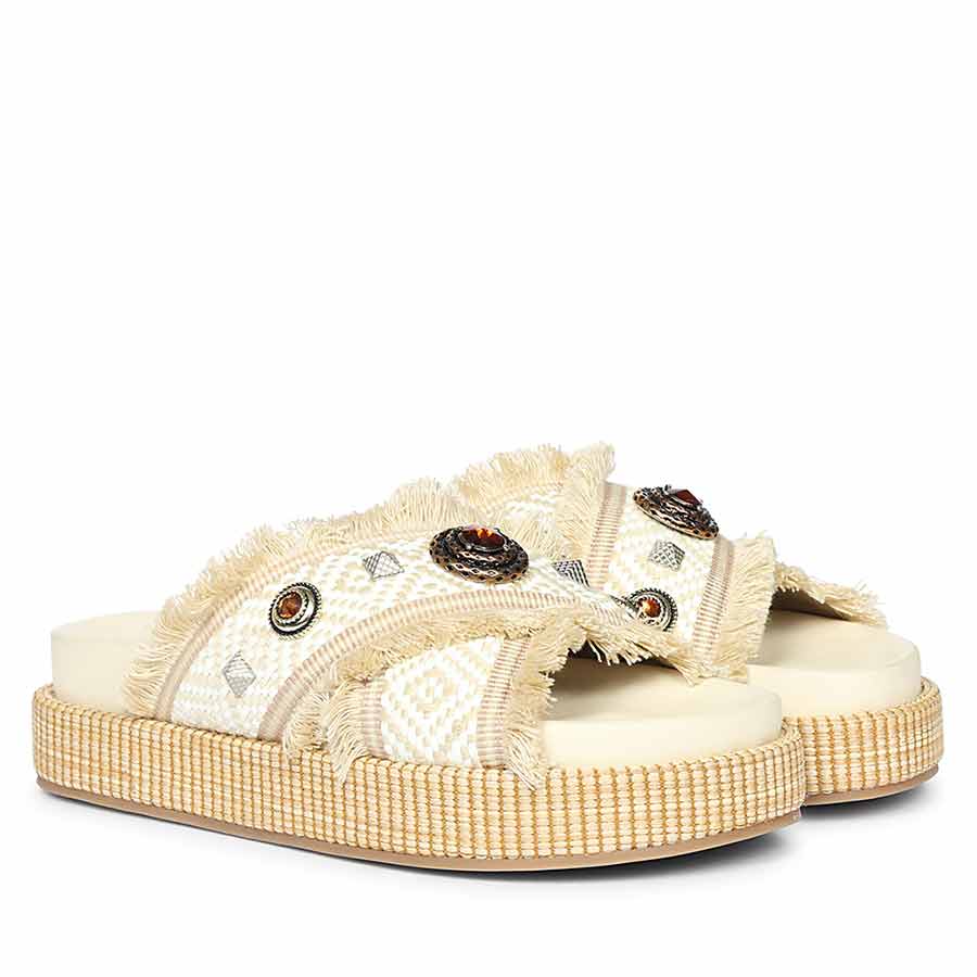 Saint Lenora Raffia Fringe Leather Platform Sandals