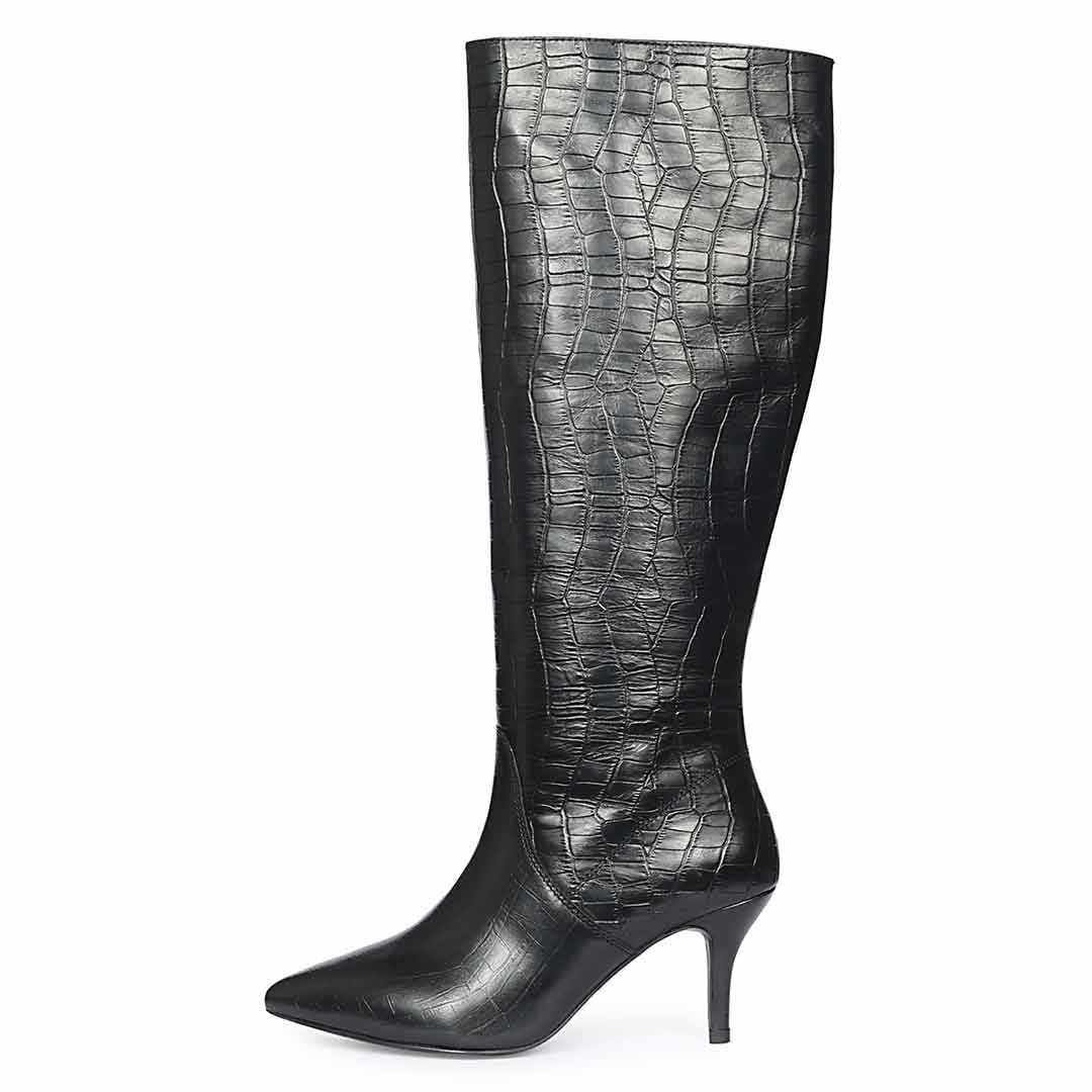 Saint Adella Croc Embossed Black Leather Long Boots