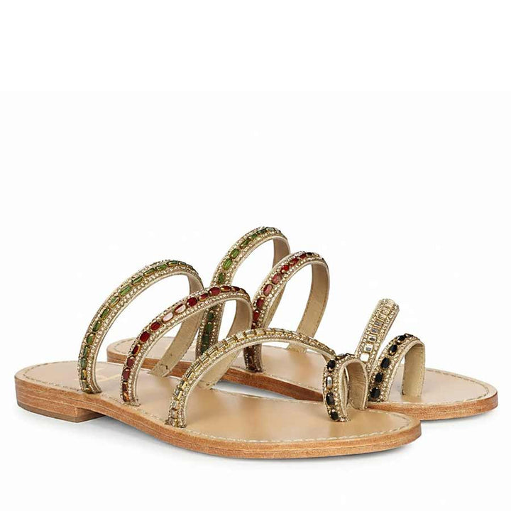 Multi-stone embellished leather flats