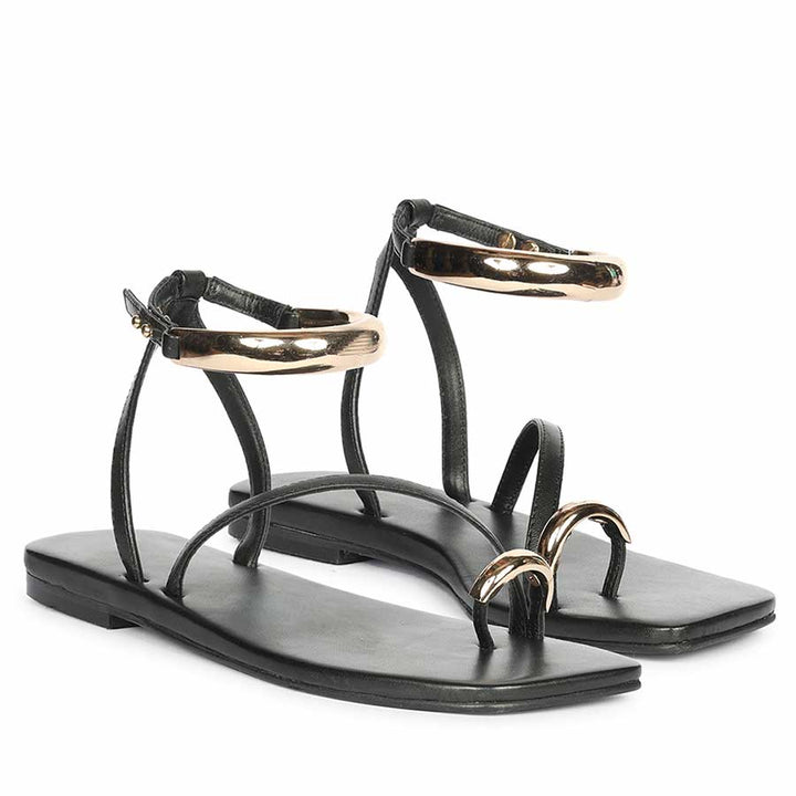 Gold trim black leather sandals