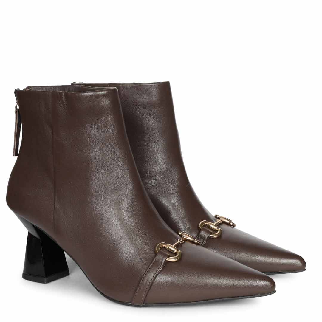 Saint Ashley Brown Leather Gold Horsebit Décor Back Zip Boots