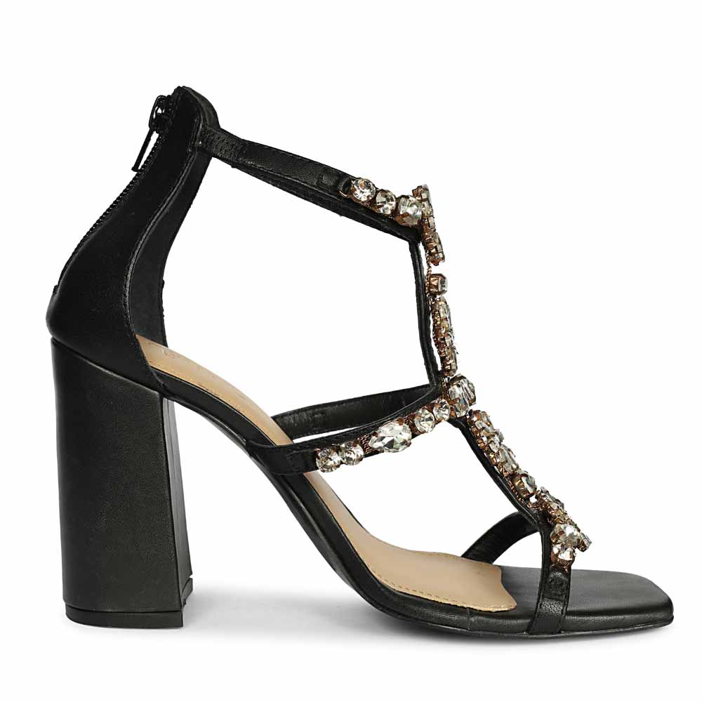 Saint Holly Crystal Stone Black Leather Block Heels