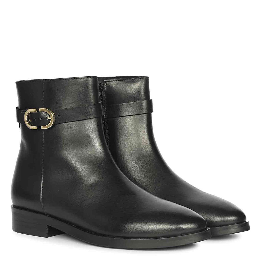 Saint Reese Black Leather Gold Buckle Decor Ankle Boots
