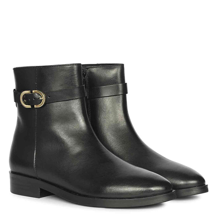 Saint Reese Black Leather Gold Buckle Decor Ankle Boots