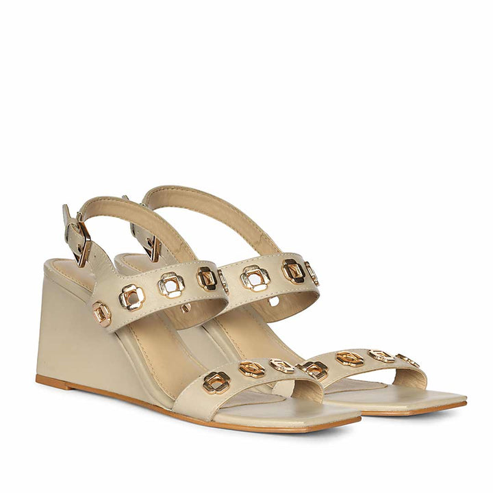 Saint Kendall Gold Flower Eyelets Beige Leather Wedge Heels