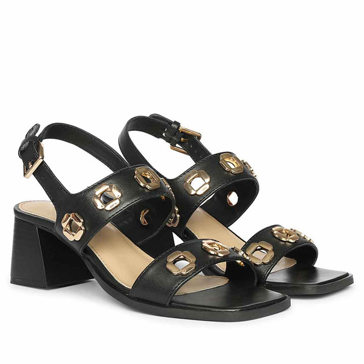 Saint Alviera Gold Flower Eyelets Black Leather Block Heels