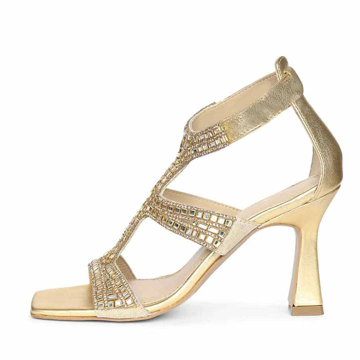 Saint Eloria Crystal Gold Leather Flared Stiletto Heels