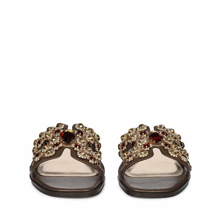 Saint Eileen Embroidered Stone Brown Leather Slides