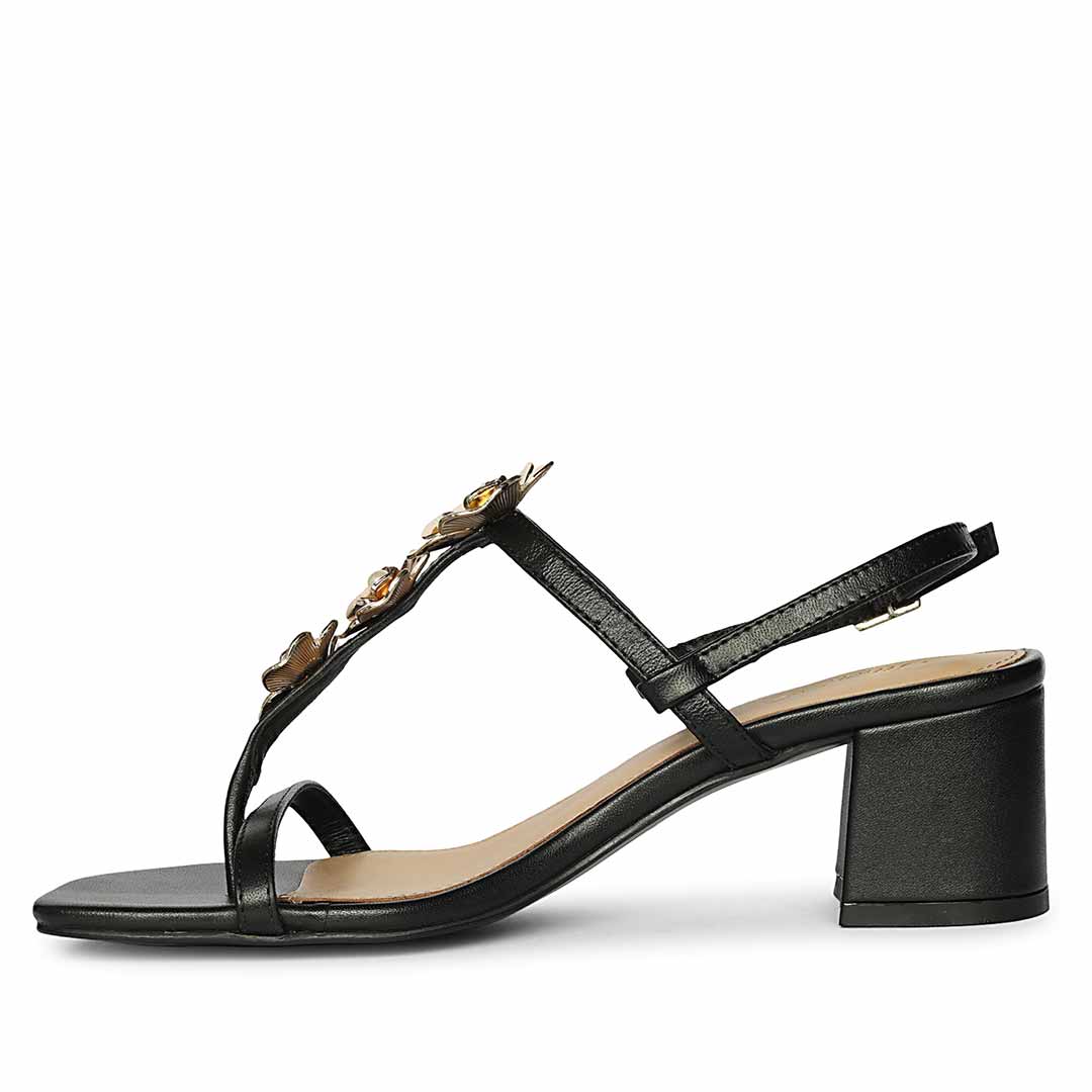 Saint Dorian Gold Floral Embellished Leather Block Heels