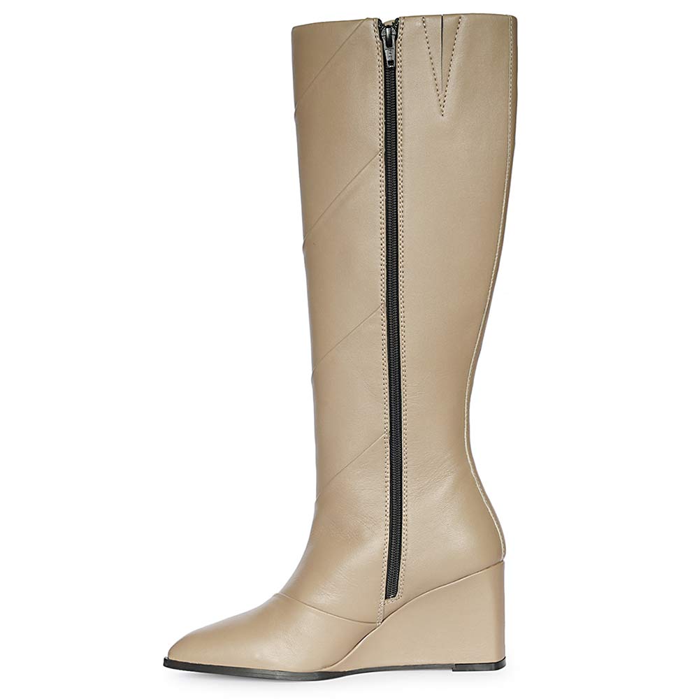 Saint Novara Folded Stone Leather Wedge Long Boots