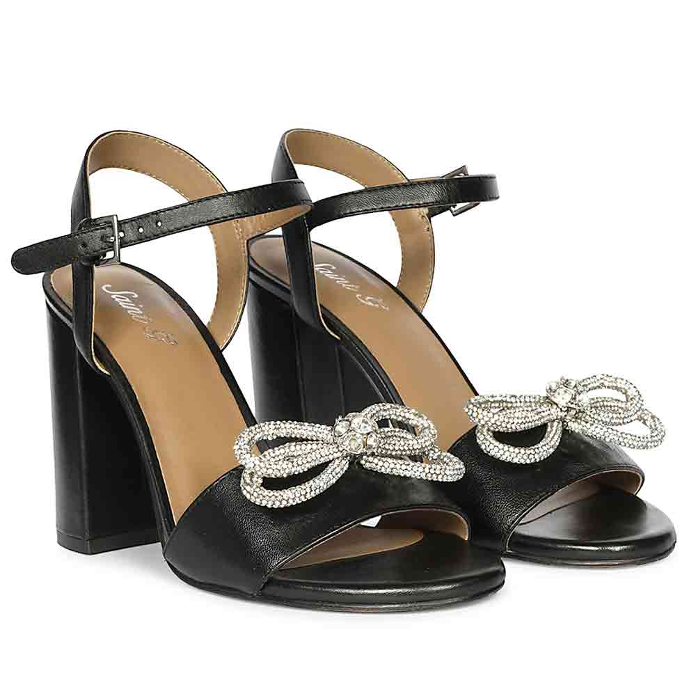 Saint Shay Crystal Bow Black Leather Block Heels