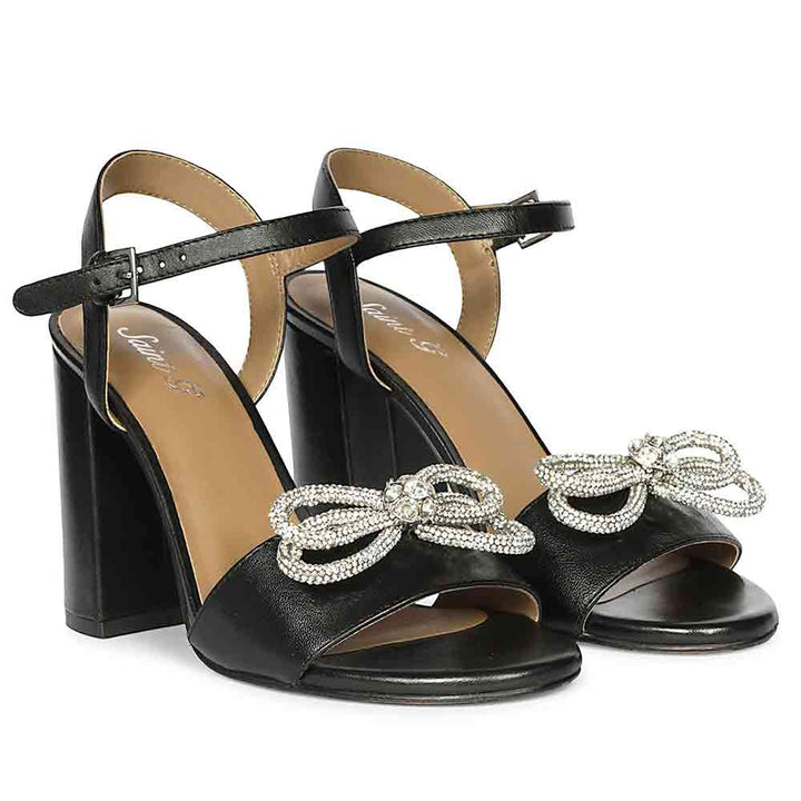 Saint Shay Crystal Bow Black Leather Block Heels