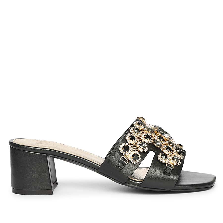 Saint Fiorenza Stone Embroidered Black Leather Block Heels