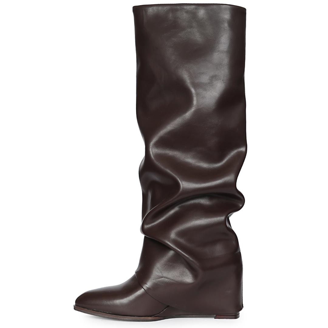 Saint Arlet Slouch Fold-Over Brown Wedge Knee-High Boots