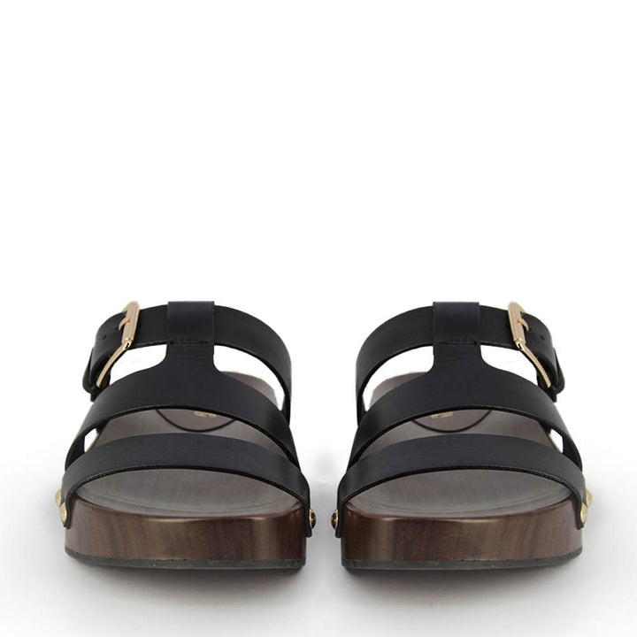 Saint Valene Buckle Black Leather Platform Sandals