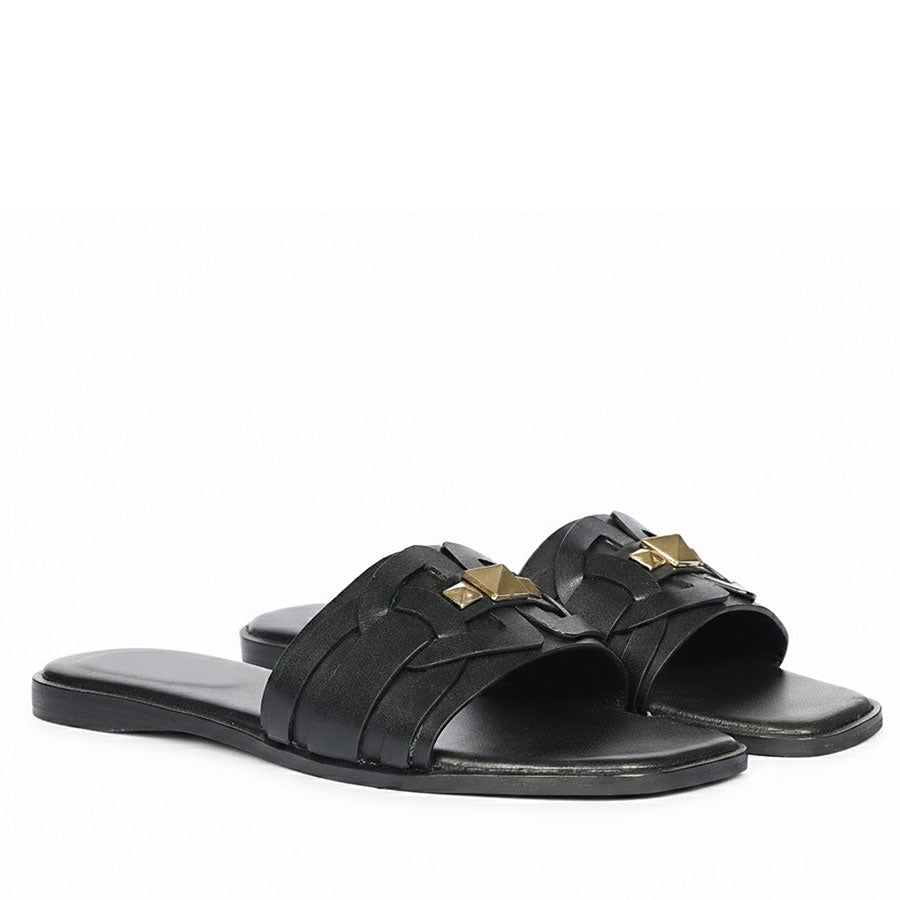 Black leather studded slides