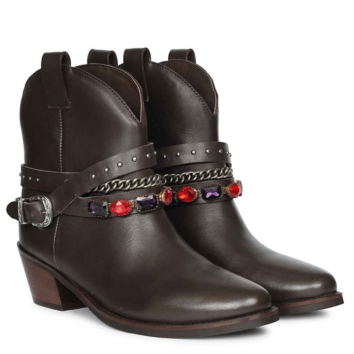 Saint Louanne Brown Leather Rhinestone Studded Décor Boots