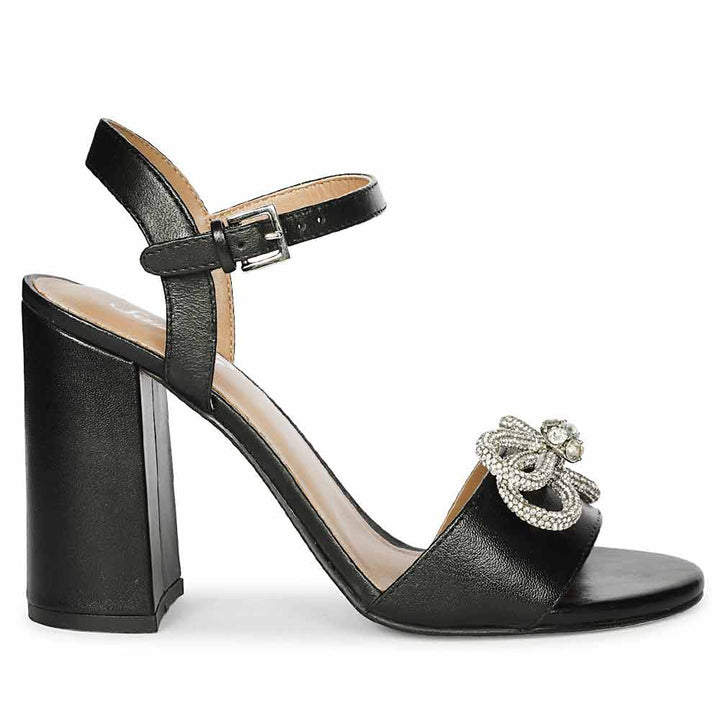 Saint Shay Crystal Bow Black Leather Block Heels