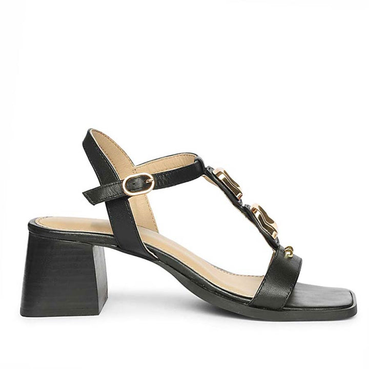 Women’s Gold Trim Black Leather Block Heels