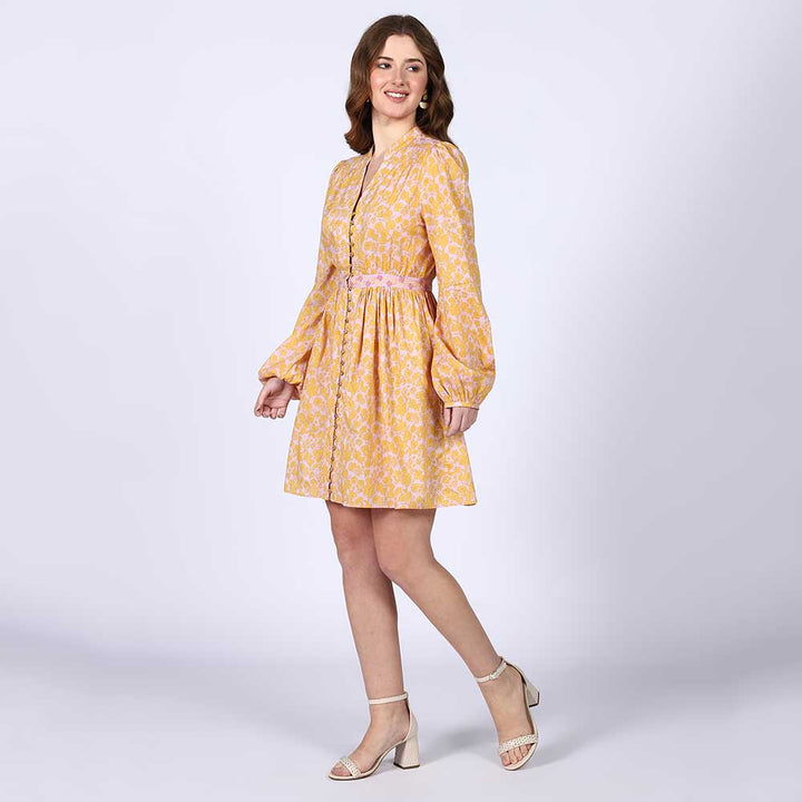 Saint Womens Yellow Multicolour Cotton Voile Dress