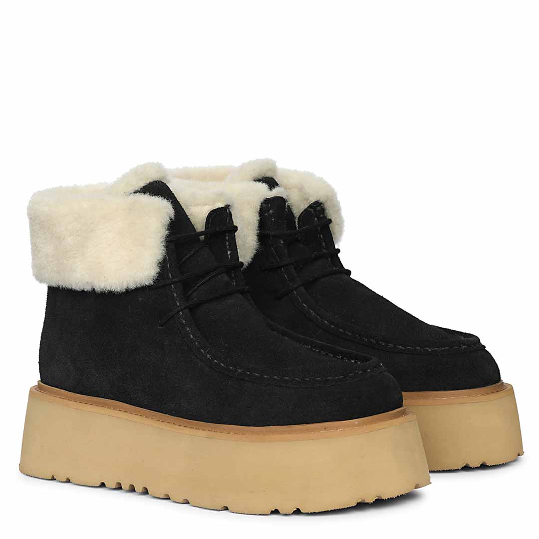 Saint Svaline Black Suede Leather Fur-Lined Platform Boots