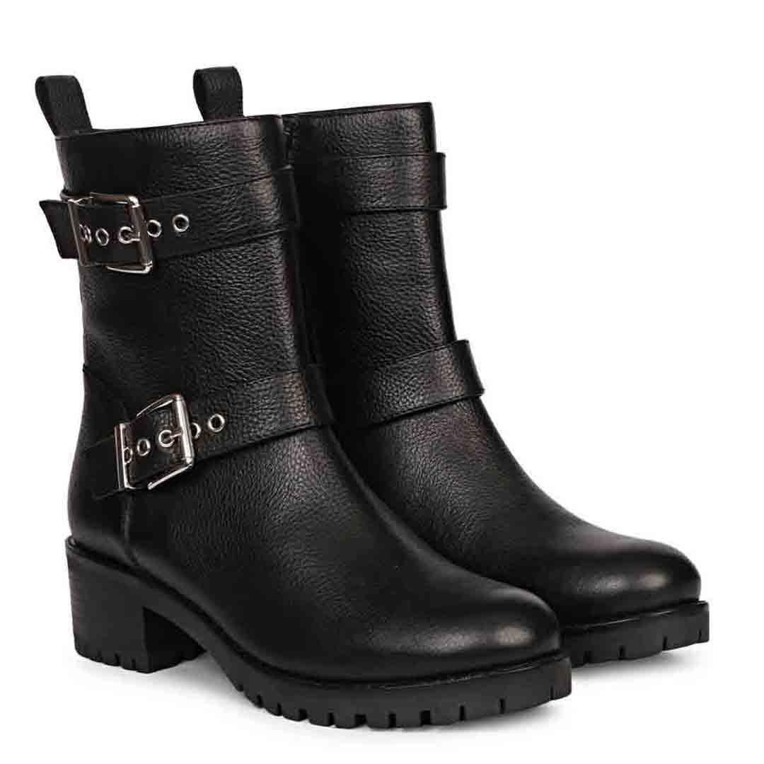 Saint Erika Double Buckle Black Leather High Ankle Boots