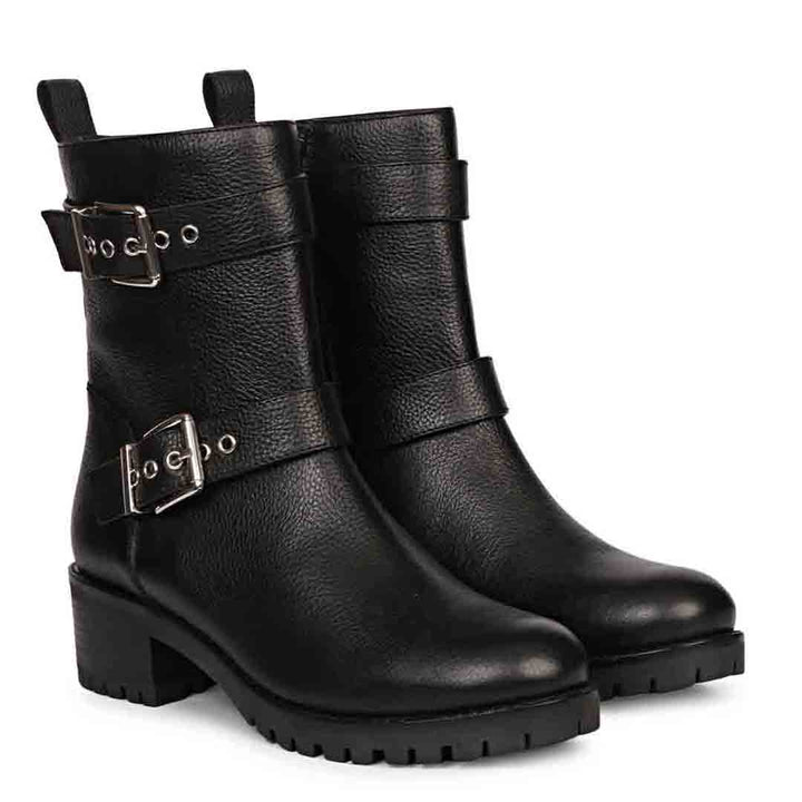 Saint Erika Double Buckle Black Leather High Ankle Boots