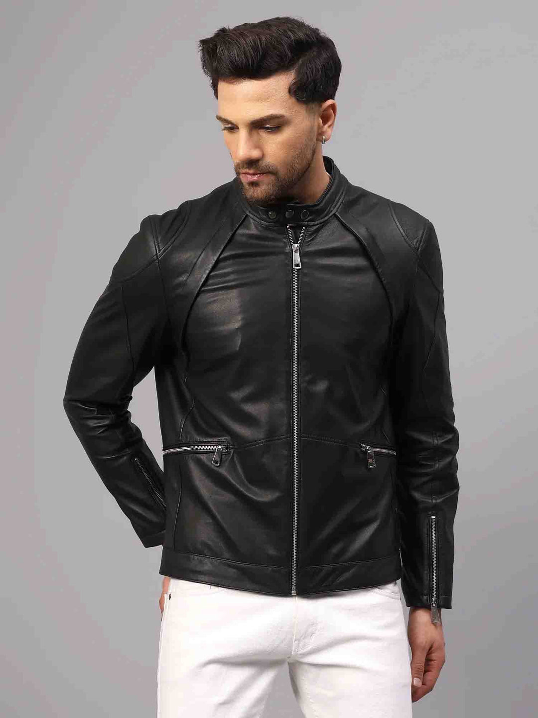 Saint Ethan Men Black Leather Skull Cafe Racer Jackets