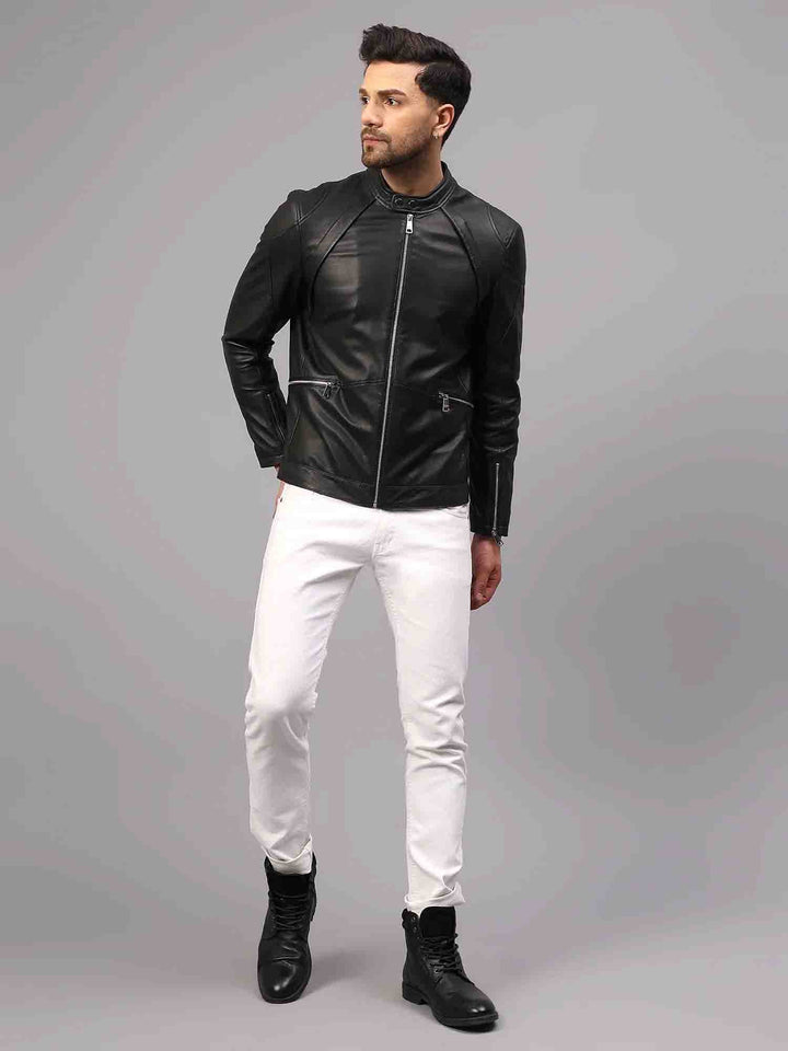 Saint Ethan Men Black Leather Skull Cafe Racer Jackets