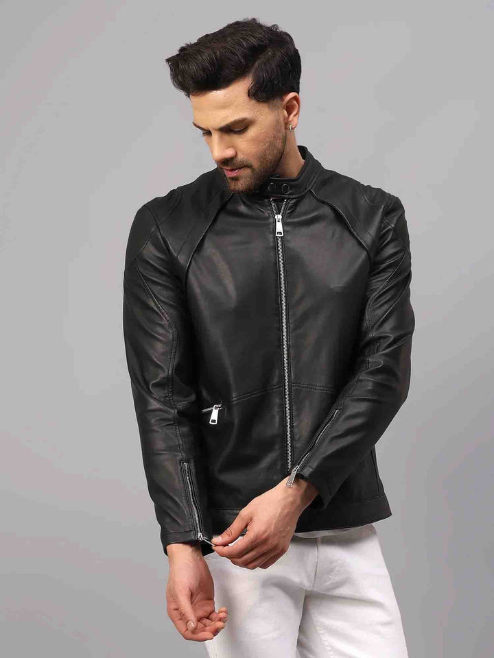 Saint Ethan Men Black Leather Skull Cafe Racer Jackets