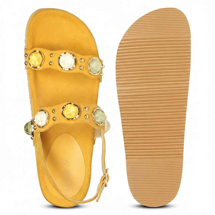 Durable platform sole of yellow suede sandals with lightweight grip