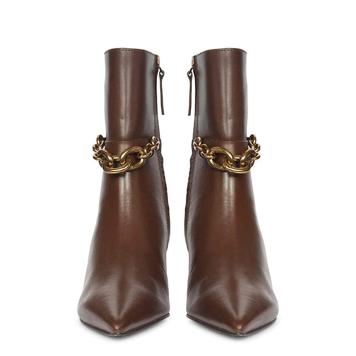 Saint Peony Chain Embellished Brown Leather Ankle boots