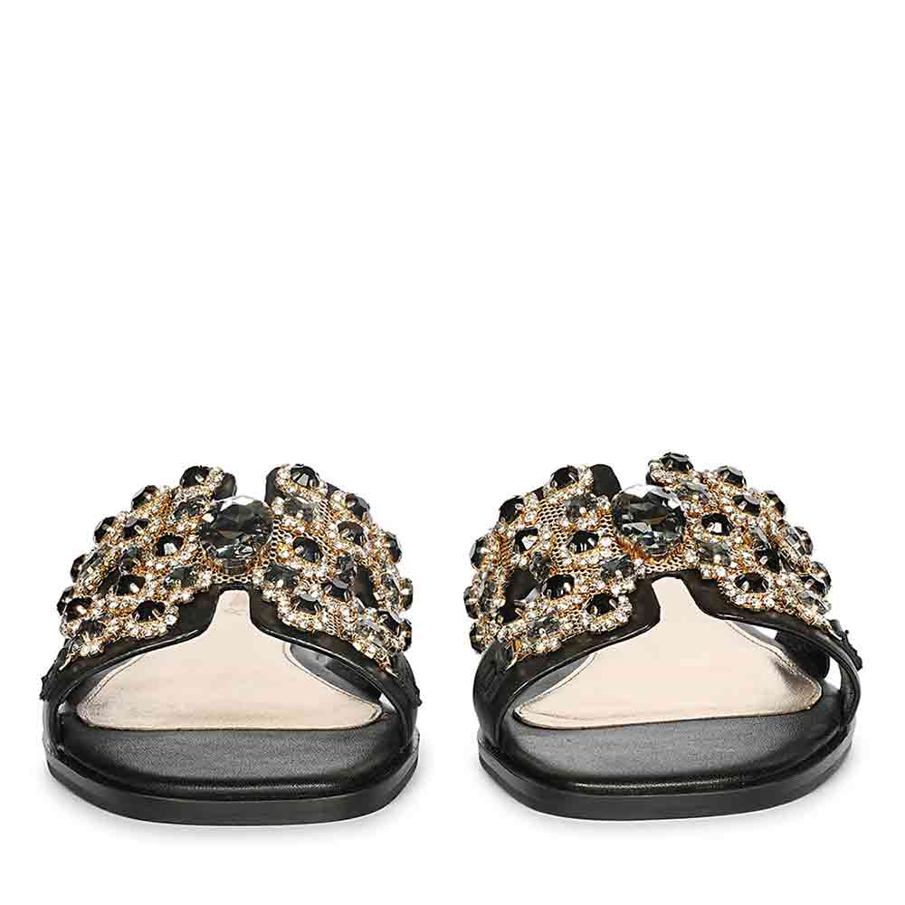 Saint Eileen Embroidered Stone Black Leather Slides