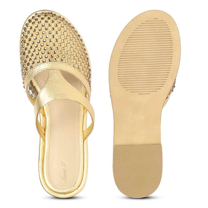 Durable sole of gold leather mule flats with cushioned comfort