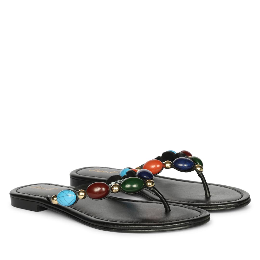 Milira Multi Stone Black Leather Flats