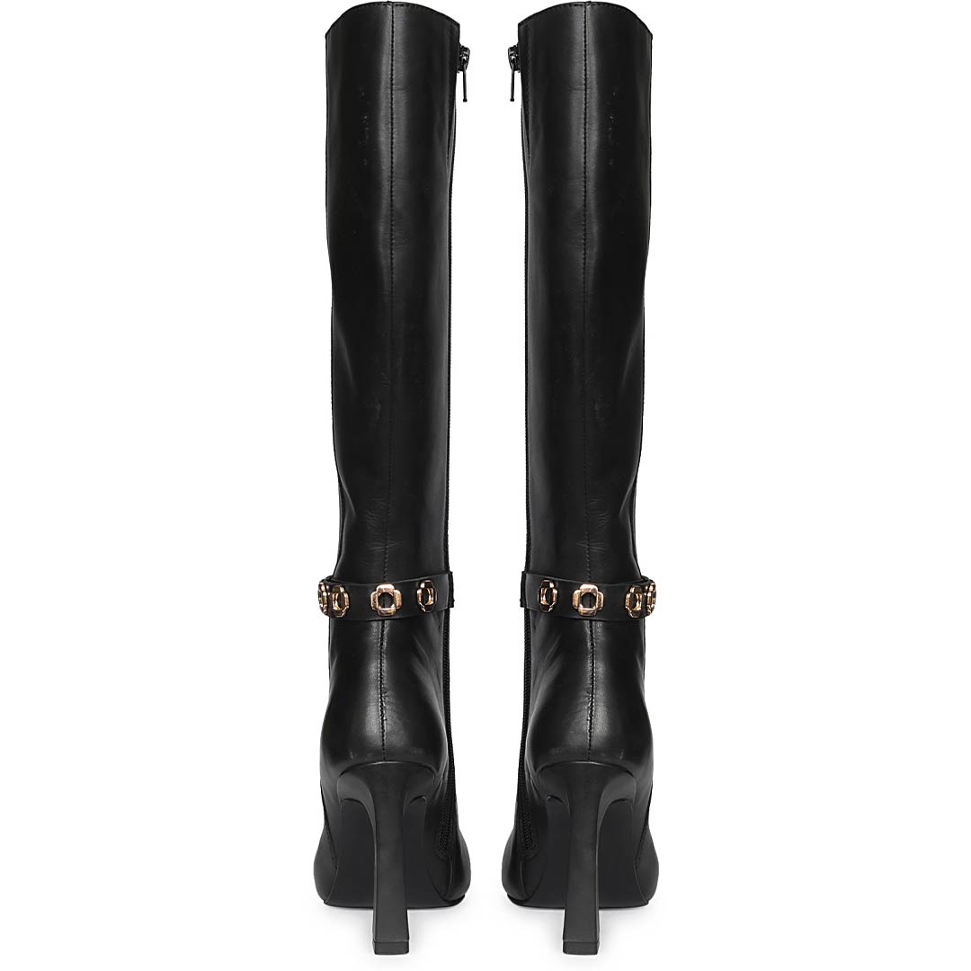 Saint Axelle Flower Eyelet Black Leather Knee-High Boots