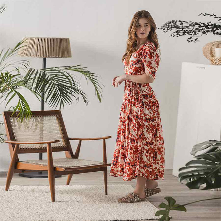 Saint Womens Ivory Red Deep V-Neck Viscose Dress