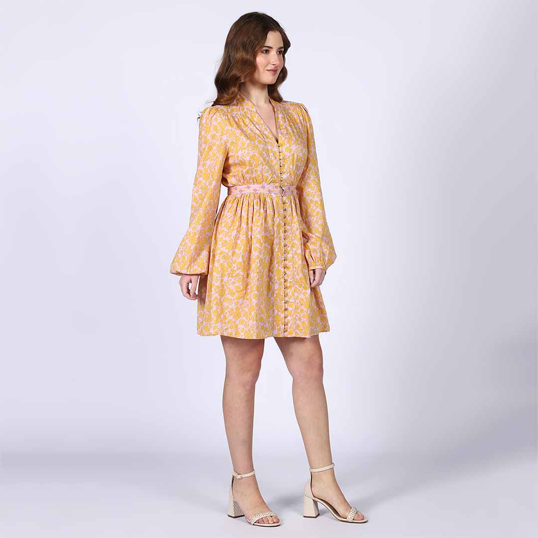 Saint Womens Yellow Multicolour Cotton Voile Dress