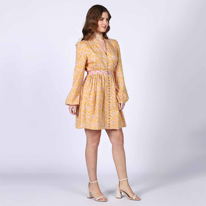 Saint Womens Yellow Multicolour Cotton Voile Dress