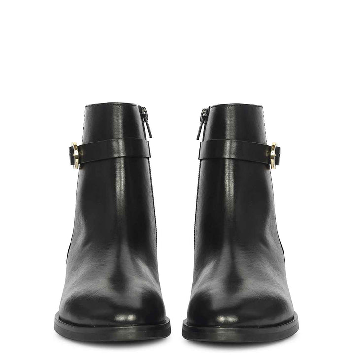 Saint Reese Black Leather Gold Buckle Decor Ankle Boots