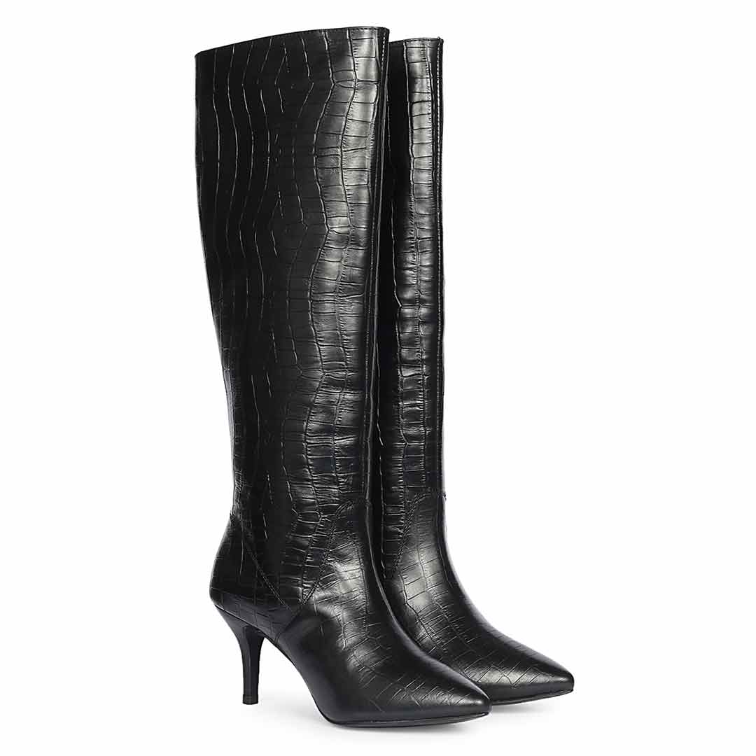 Saint Adella Croc Embossed Black Leather Long Boots