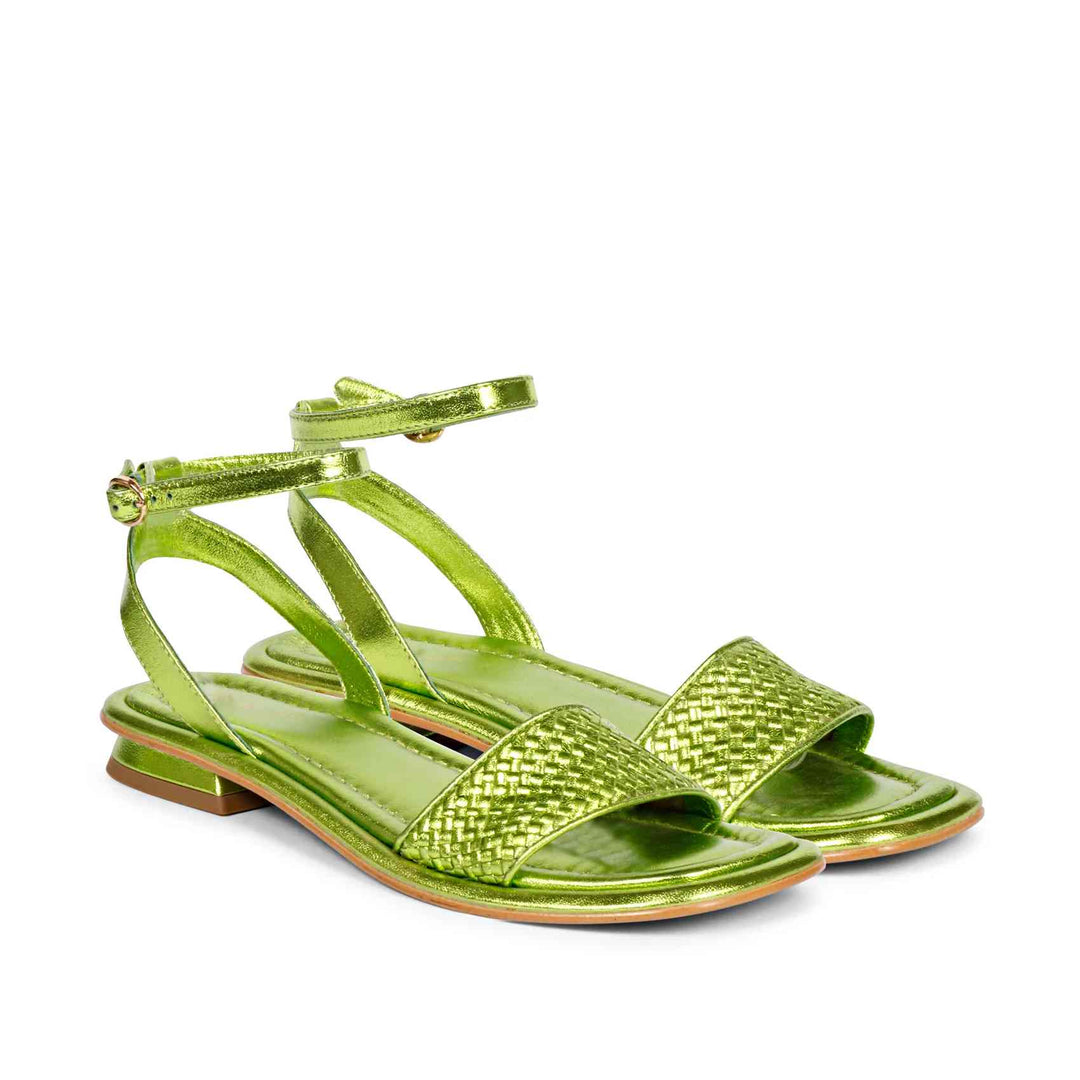 Saint Catalina Green Leather Flat Sandal