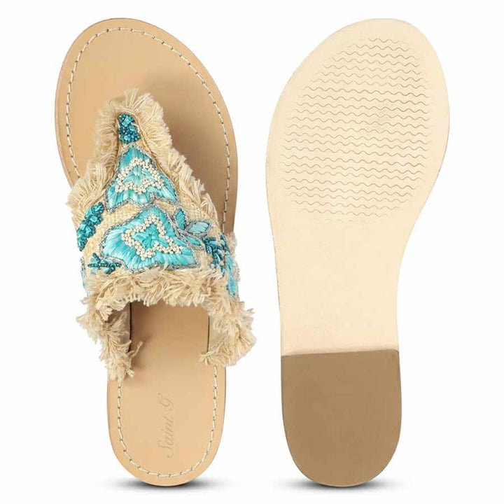 Turquoise embellished flat sandals