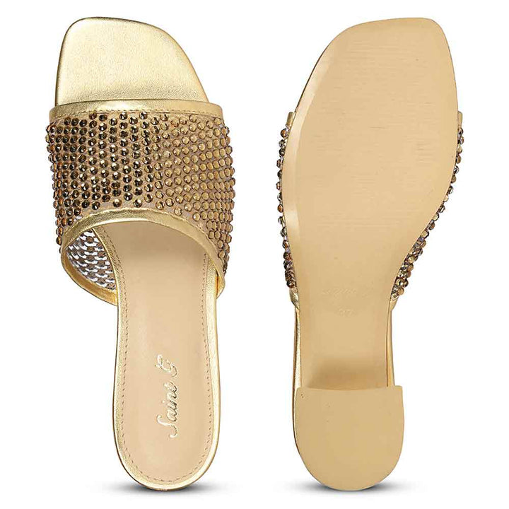 Saint Valisa Crystal Gold Leather Block Heels