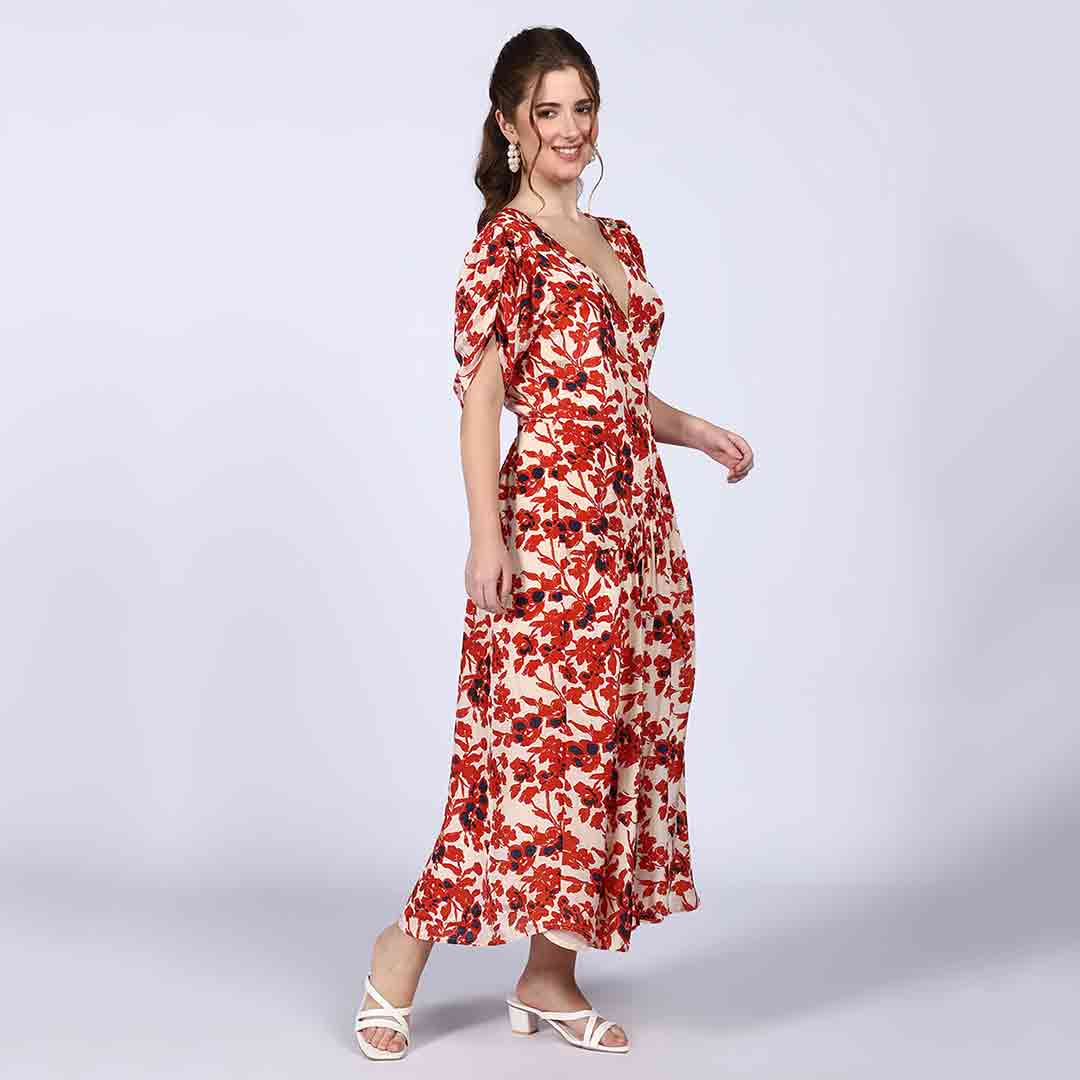 Saint Womens Ivory Red Deep V-Neck Viscose Dress