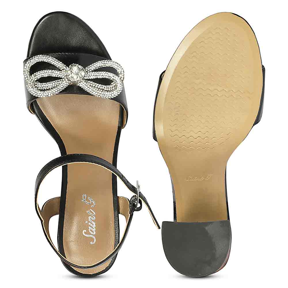Saint Shay Crystal Bow Black Leather Block Heels