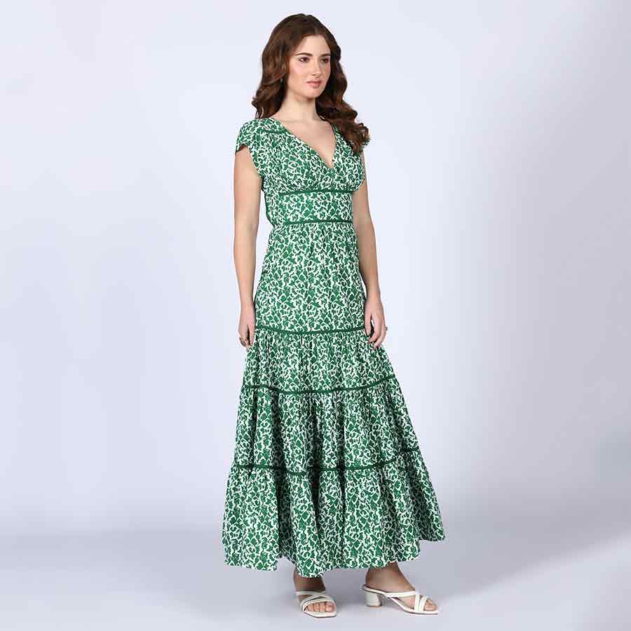Saint Womens Green Tiered Cotton Voil Maxi Dress