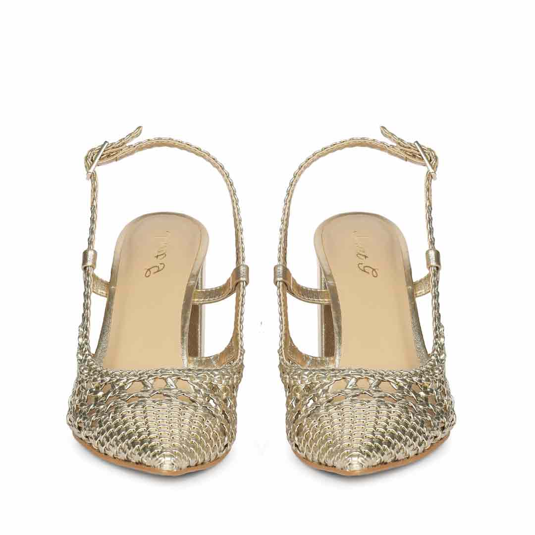 Saint Felicia Gold Woven Leather Block Heels