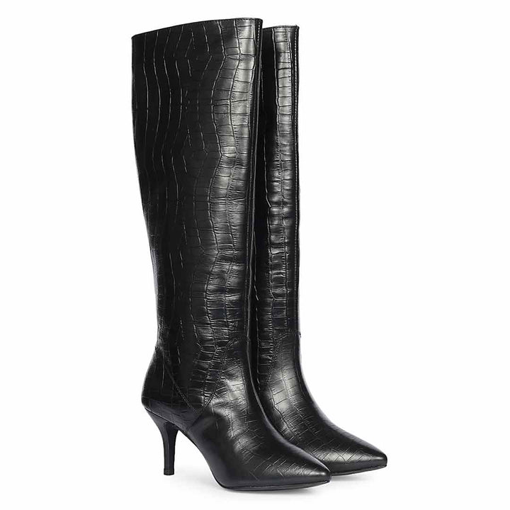 Saint Adella Croc Embossed Black Leather Long Boots