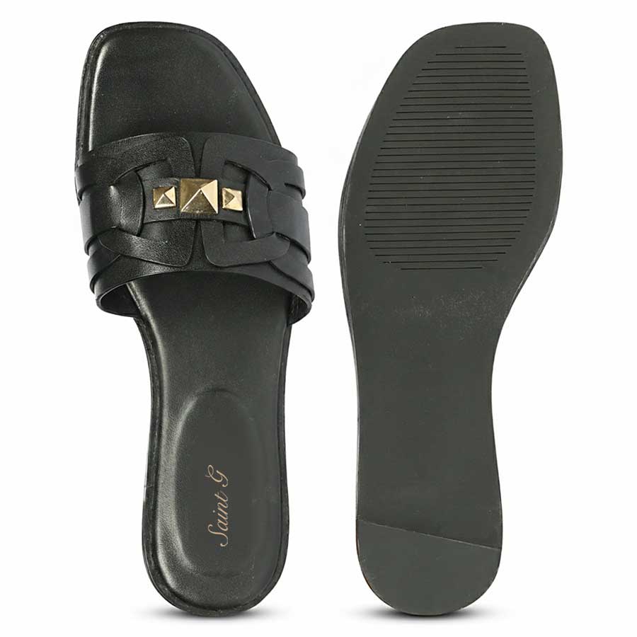 Designer black leather slides